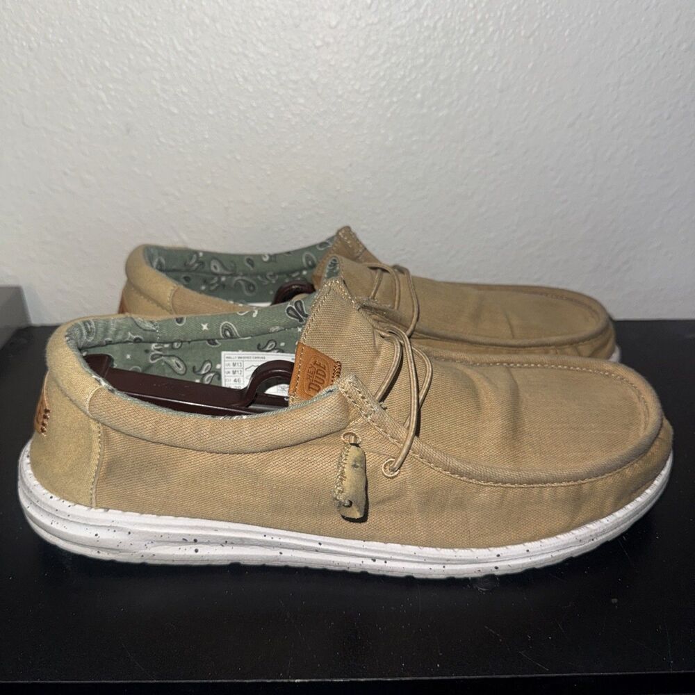 Hey Dude Shoes Mens 13 Wally Washed Casual Comfort Moc Toe Sneakers Tan Canvas